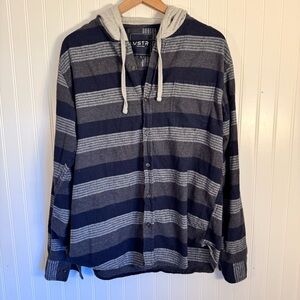 VSTR Men's Navy and Gray Striped Hooded Button Up Sweater 100% Cotton Size XL